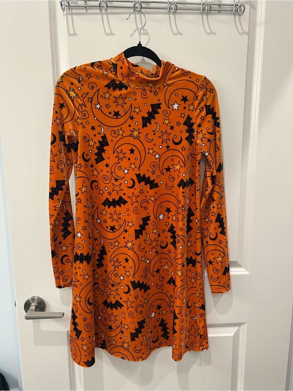 Orange Halloween Moon & Bat Long Sleeve Dress